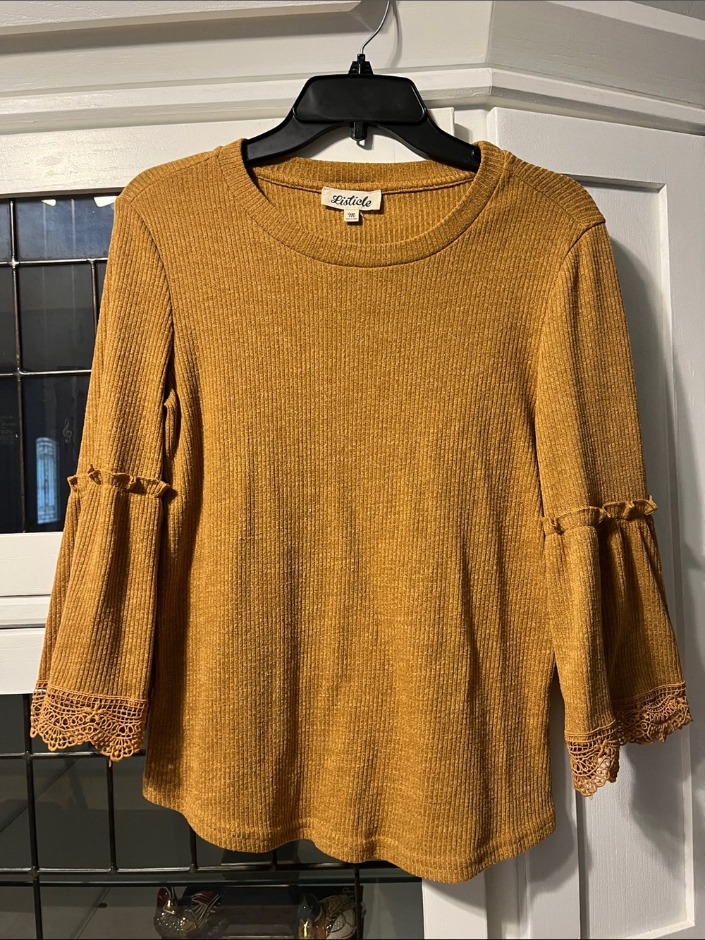 Listicle Women's Mustard Ribbed Bell Sleeve Top